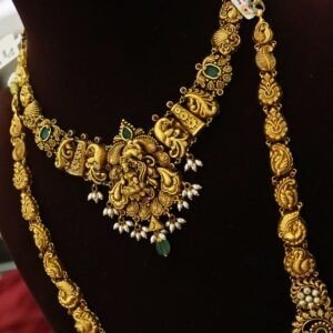 22KT Antique Gold Bridal Hara Set with Deep Work, Pearl & Green Beads (HUID Hallmarked) – 86.57g
