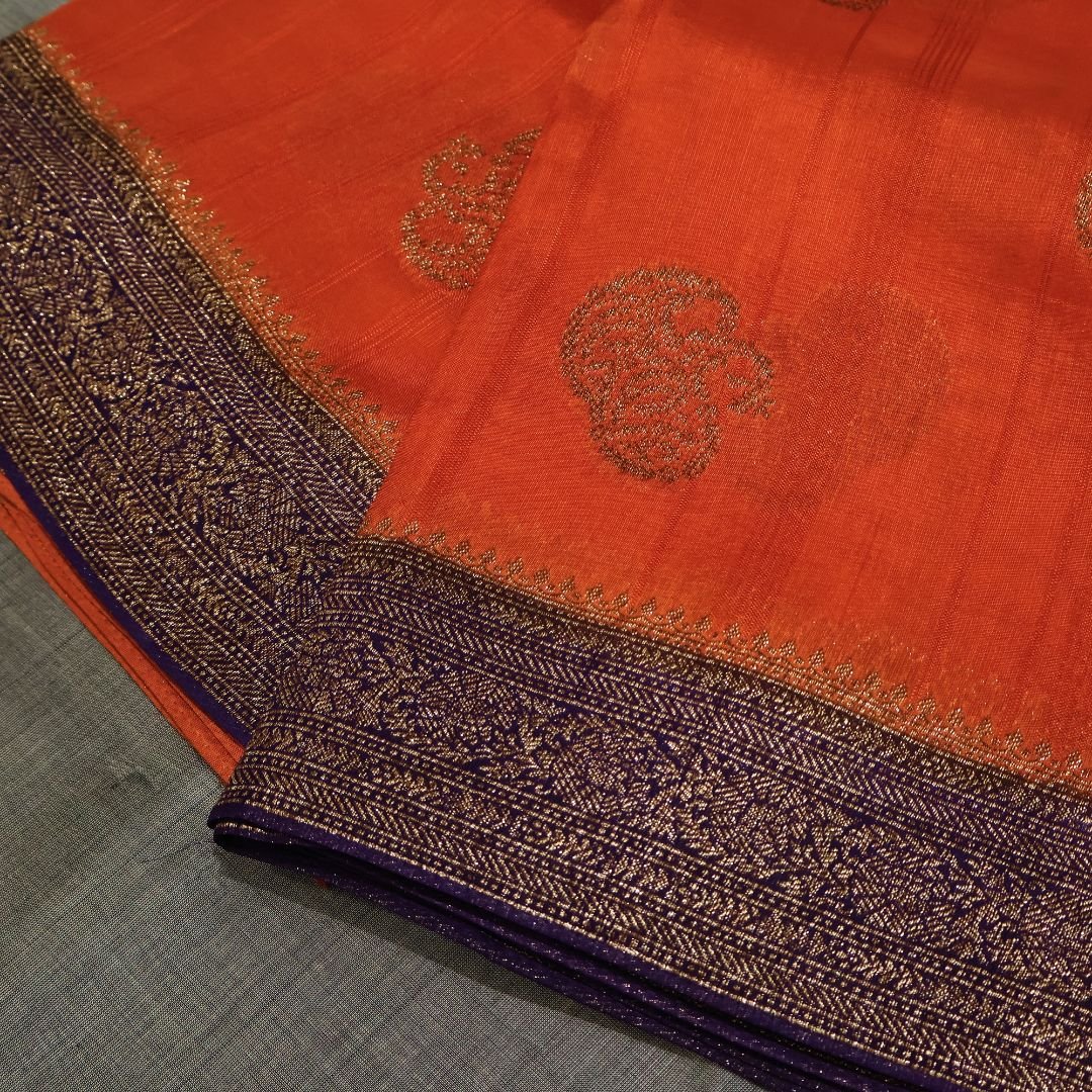 Tussar Banarasi Silk Saree – Orange with Purple Combination (2 Colors Available)