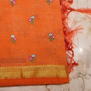 Tussar Silk Embroidery Work Saree – Orange with Floral Butta Design (Budget Festive Collection)