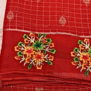 Chiffon Saree – Red with Embroidery Floral Border (Elegant Party Wear Collection)