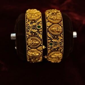 22KT Antique Gold Emerald Stone Screw Bangles (HUID Hallmarked) – 46.05g