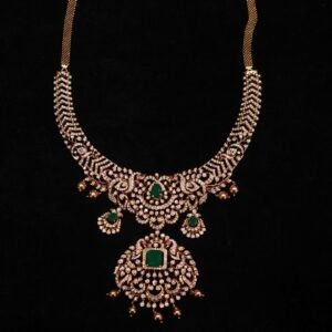 14KT Diamond Necklace with Emerald Stones (Luxury Bridal Collection) – 47.35g
