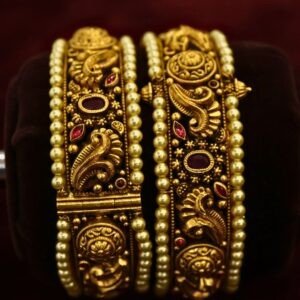 22KT Nagas Gold Pearl & Ruby Layered Screw Bangles (HUID Hallmarked) – 56.27g