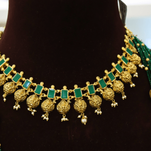 22KT Antique Gold Crystal Beads Layered Hara & Green Stone Necklace Set (HUID Hallmarked) – 75.16g