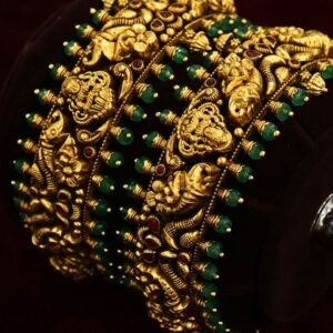 22KT Nagas Gold Embossed Bridal Screw Bangles with Green Beads (HUID Hallmarked) – 58.06g