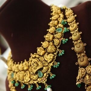 22KT Deep Nagas Gold Hara & Necklace Set with Green Beads & Pearl Work (HUID Hallmarked) – 104.96g
