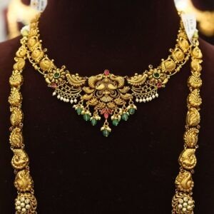 22KT Nagas Gold Hara with Lakshmi Pendant, Peacock & Pearl Work (HUID Hallmarked) – 86.81g