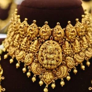 22KT Antique Gold 5-Layer Hara & Choker Set with Broad Lakshmi Pendant (HUID Hallmarked) – 182.32g