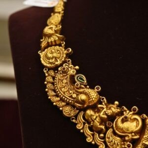 22KT Nakas Gold Necklace with Lakshmi Pendant, Green Beads & Pearl Work (HUID Hallmarked) – 25.45g