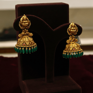 22KT Antique Nakas Gold Necklace & Jhumka Set with Ruby & Green Beads (HUID Hallmarked) – 59.17