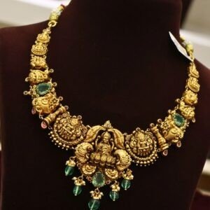 22KT Antique Gold Necklace with Lakshmi Pendant, Pearl & Green Beads Work (HUID Hallmarked) – 26.47g