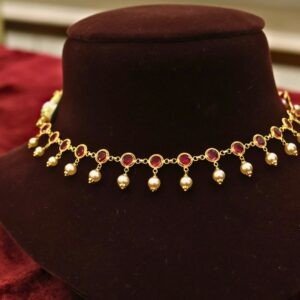 22KT Lightweight Stone Necklace & Earrings Set with Ruby & Pearl Beads (HUID Hallmarked) – 7.88g