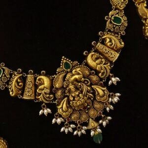 22KT Antique Gold Bridal Hara Set with Deep Work, Pearl & Green Beads (HUID Hallmarked) – 86.57g