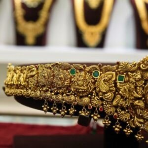 22KT Nagas Gold Waistband (Vaddanam) with Green Stone, Pearl & Gold Ball Work (HUID Hallmarked) – 87.09g