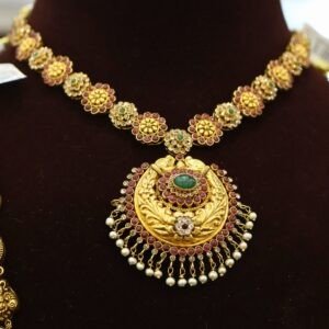 22KT Antique Gold 3-Layer Hara & Necklace Set with Lakshmi Pendant (HUID Hallmarked) – 83.96g