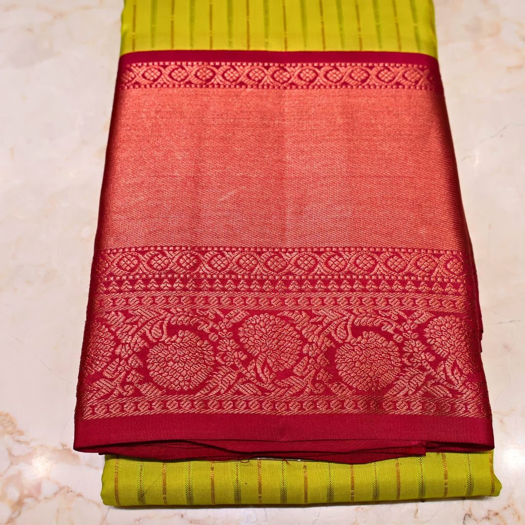 Kanchivaram Silk Saree – Red & Mustard Yellow with Rich Zari Border (Premium Wedding Collection)
