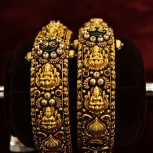 22KT Nagas Gold Bangles with Pearl & Emerald Stones (HUID Hallmarked) – 61.07g
