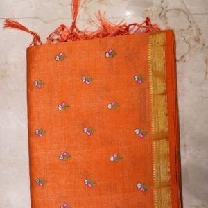Tussar Silk Embroidery Work Saree – Orange with Floral Butta Design (Budget Festive Collection)