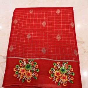 Chiffon Saree – Red with Embroidery Floral Border (Elegant Party Wear Collection)