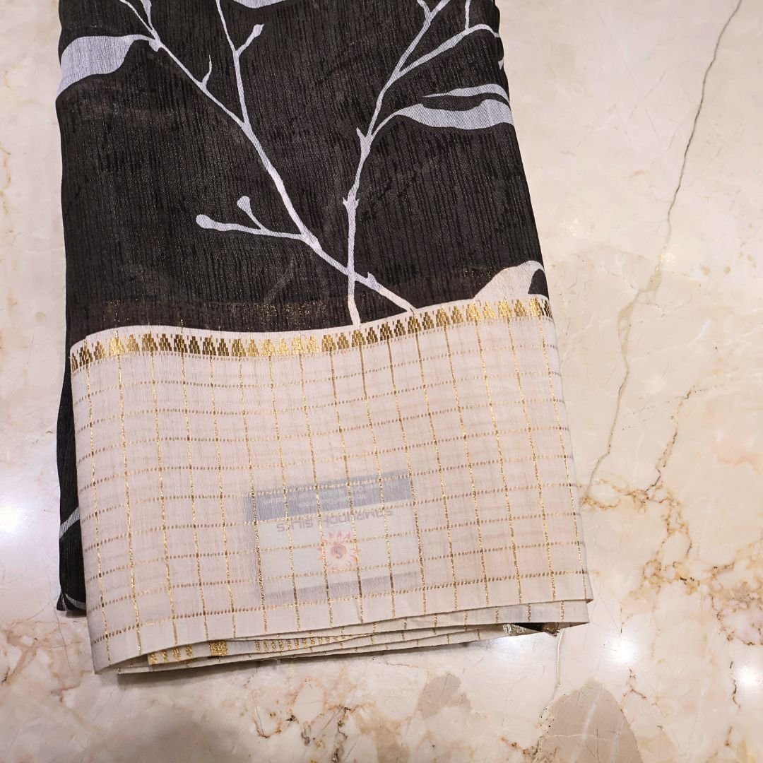 Cotton Saree – Black & Beige with Printed Design and Zari Border (Elegant Daily Wear Collection)