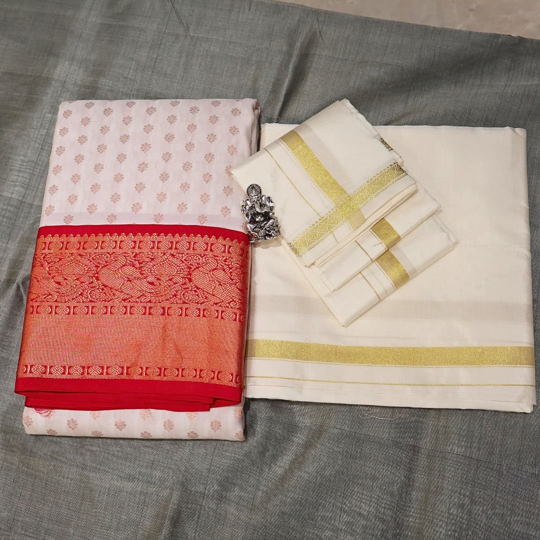 Kanchipuram Silk Saree with Pure Cotton Dhoti Set (Couple Traditional Combo)