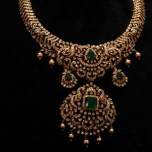 14KT Diamond Necklace with Emerald Stones (Luxury Bridal Collection) – 47.35g