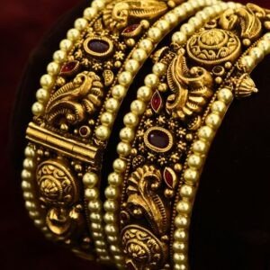 22KT Nagas Gold Pearl & Ruby Layered Screw Bangles (HUID Hallmarked) – 56.27g