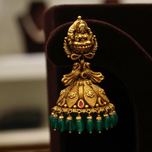 22KT Antique Nakas Gold Necklace & Jhumka Set with Ruby & Green Beads (HUID Hallmarked) – 59.17