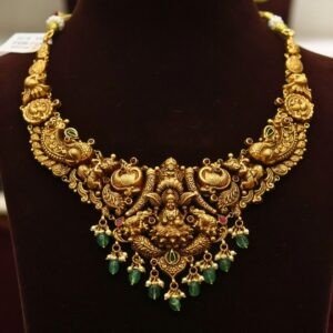 22KT Nakas Gold Necklace with Lakshmi Pendant, Green Beads & Pearl Work (HUID Hallmarked) – 25.45g