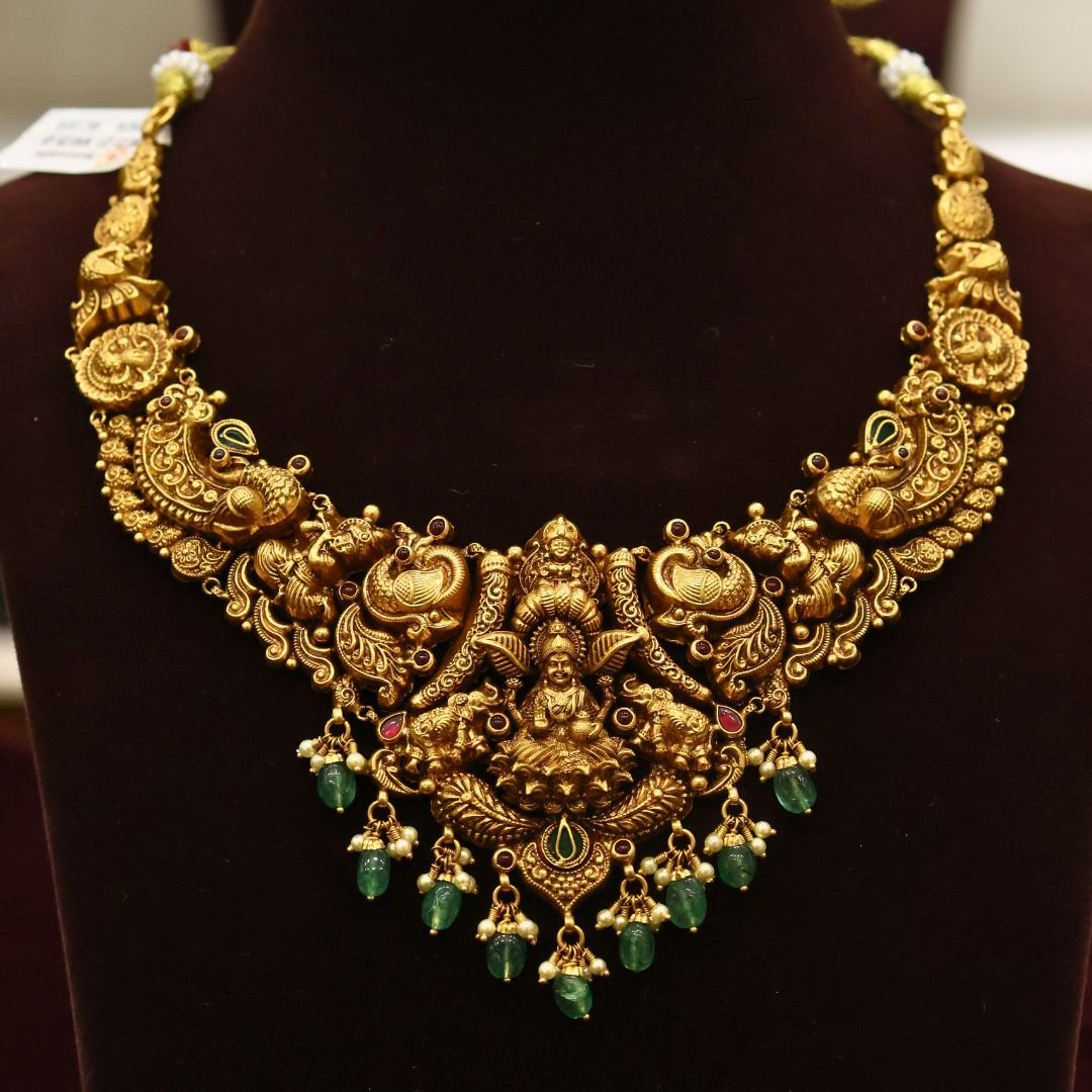 22KT Nakas Gold Necklace with Lakshmi Pendant, Green Beads & Pearl Work (HUID Hallmarked) – 25.45g