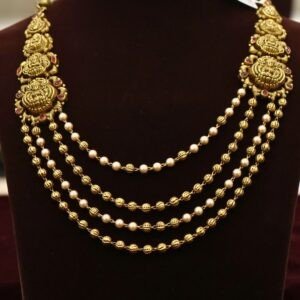 22KT Antique Mohan Mala with Pearl Short Necklace (HUID Hallmarked) – 23.00g