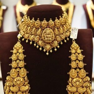 22KT Antique Gold 5-Layer Hara & Choker Set with Broad Lakshmi Pendant (HUID Hallmarked) – 182.32g