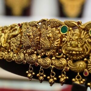 22KT Nagas Gold Waistband (Vaddanam) with Green Stone, Pearl & Gold Ball Work (HUID Hallmarked) – 87.09g