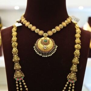 22KT Antique Gold 3-Layer Hara & Necklace Set with Lakshmi Pendant (HUID Hallmarked) – 83.96g