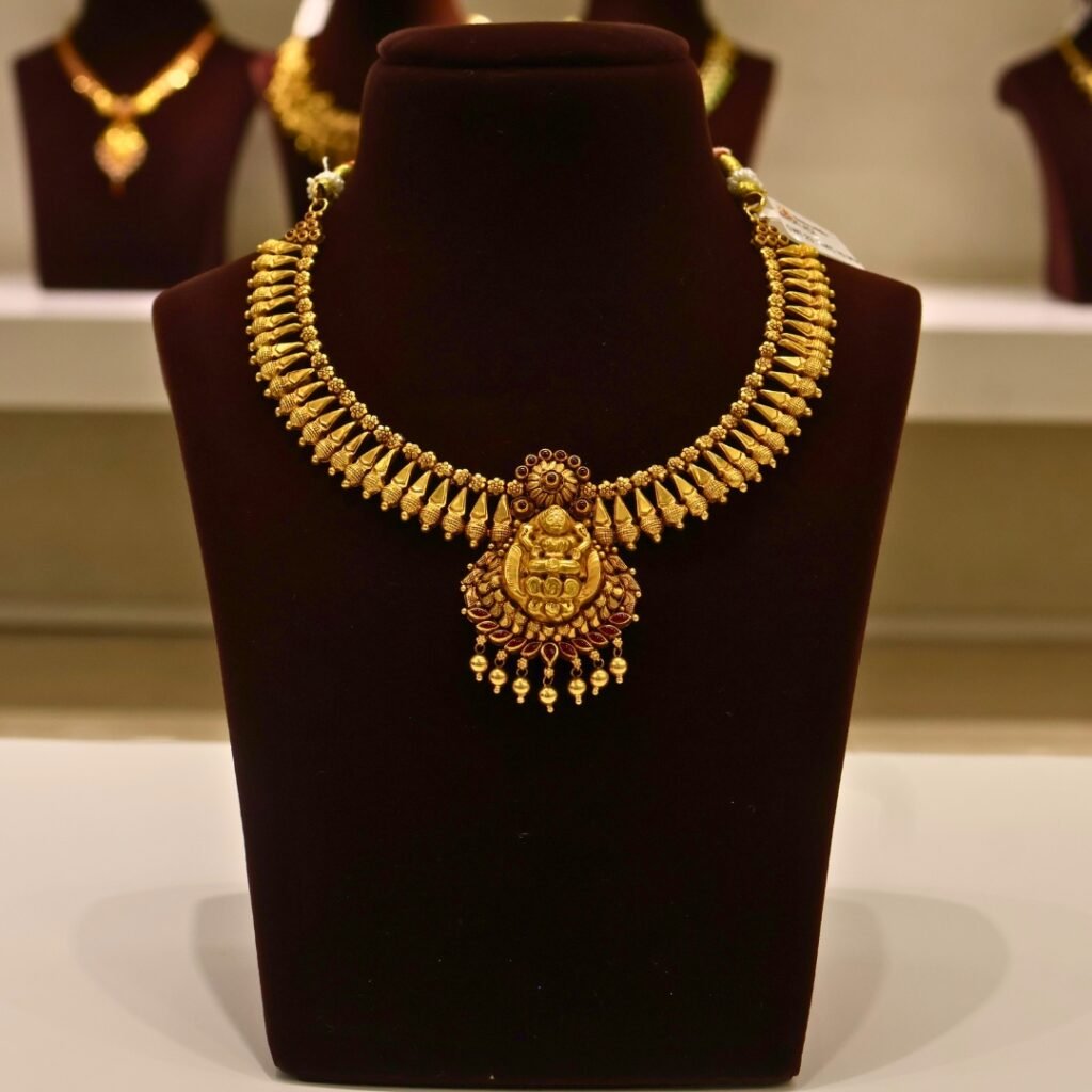 22KT Gold Antique Lakshmi Necklace with Gold Balls (HUID Hallmarked) – Elegant Traditional Collection (23.74g)