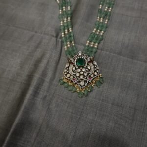 92.5 Silver Hara Necklace with Green Gemstone Beads & Pearl Detailing – 82.70g