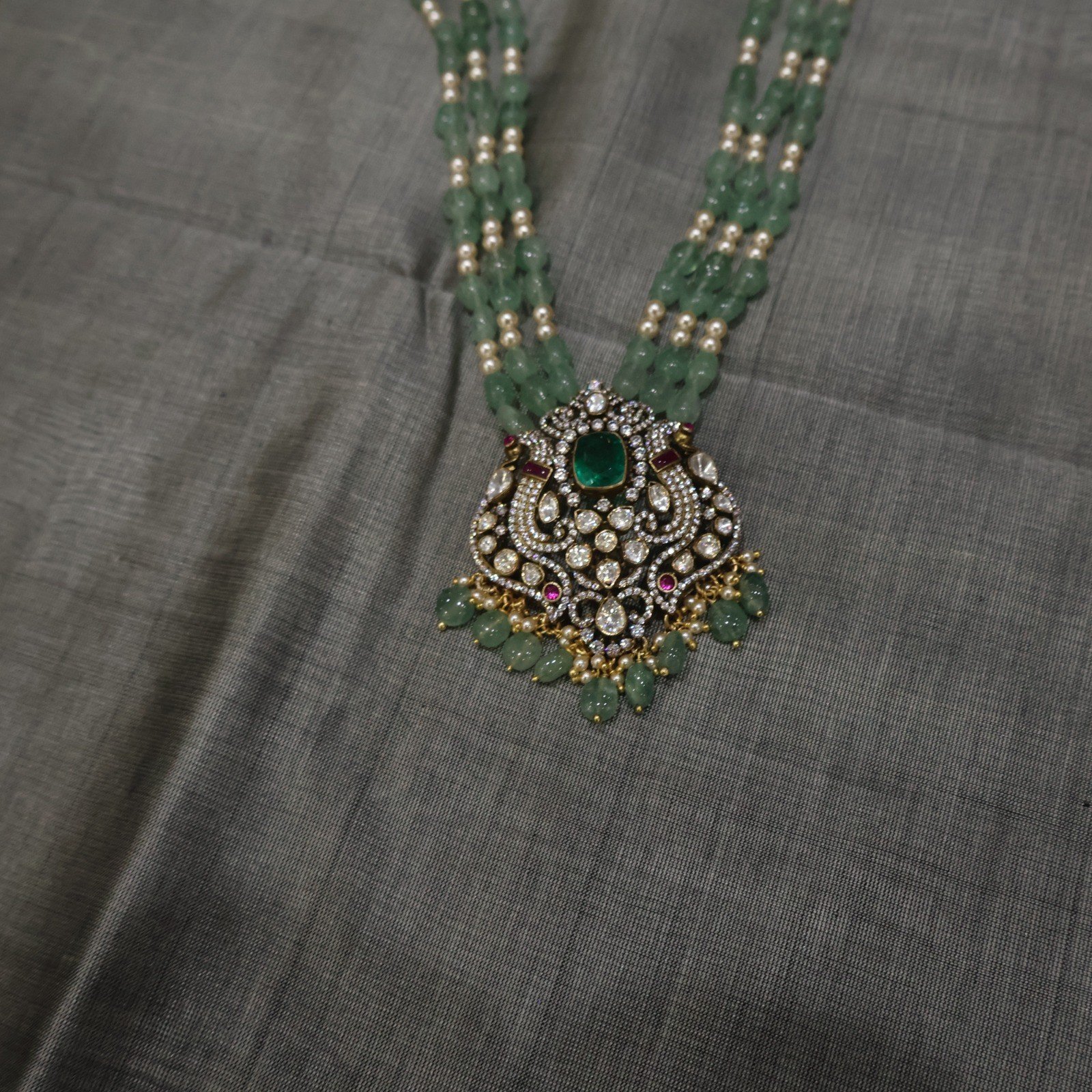 92.5 Silver Hara Necklace with Green Gemstone Beads & Pearl Detailing – 82.70g