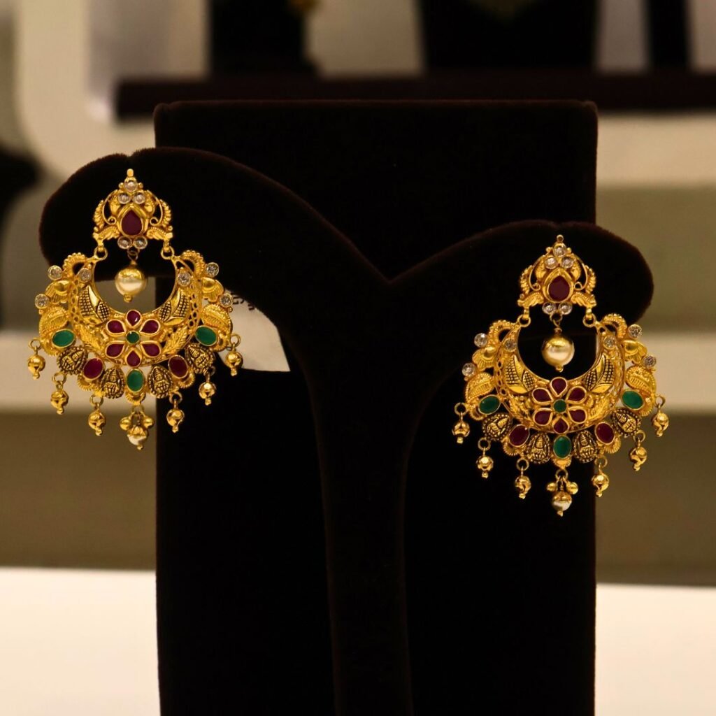22KT Gold Multi-Stone Earrings (HUID Hallmarked) – Premium Traditional Collection (16.87g)