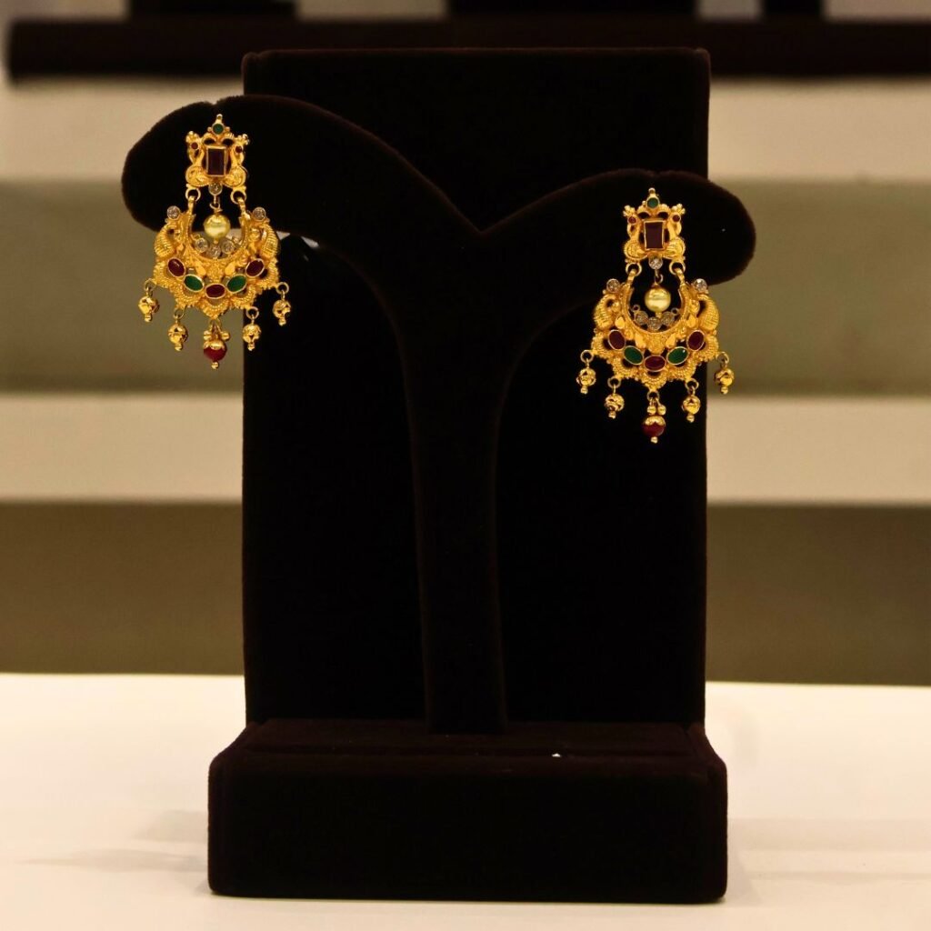 22KT Gold Multi-Stone Earrings (HUID Hallmarked) – Elegant Traditional Collection (8.99g)