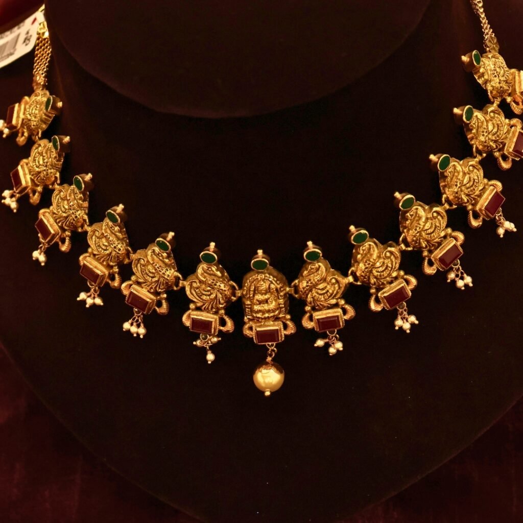 22KT Gold Antique Peacock Multi-Stone Necklace (HUID Hallmarked) – Elegant Traditional Collection (29.08g)