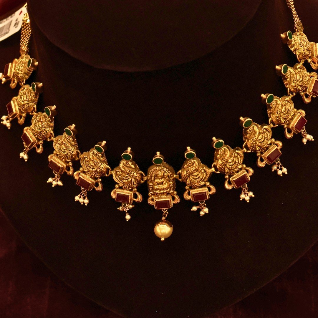 22KT Gold Antique Peacock Multi-Stone Necklace (HUID Hallmarked) – Elegant Traditional Collection (29.08g)