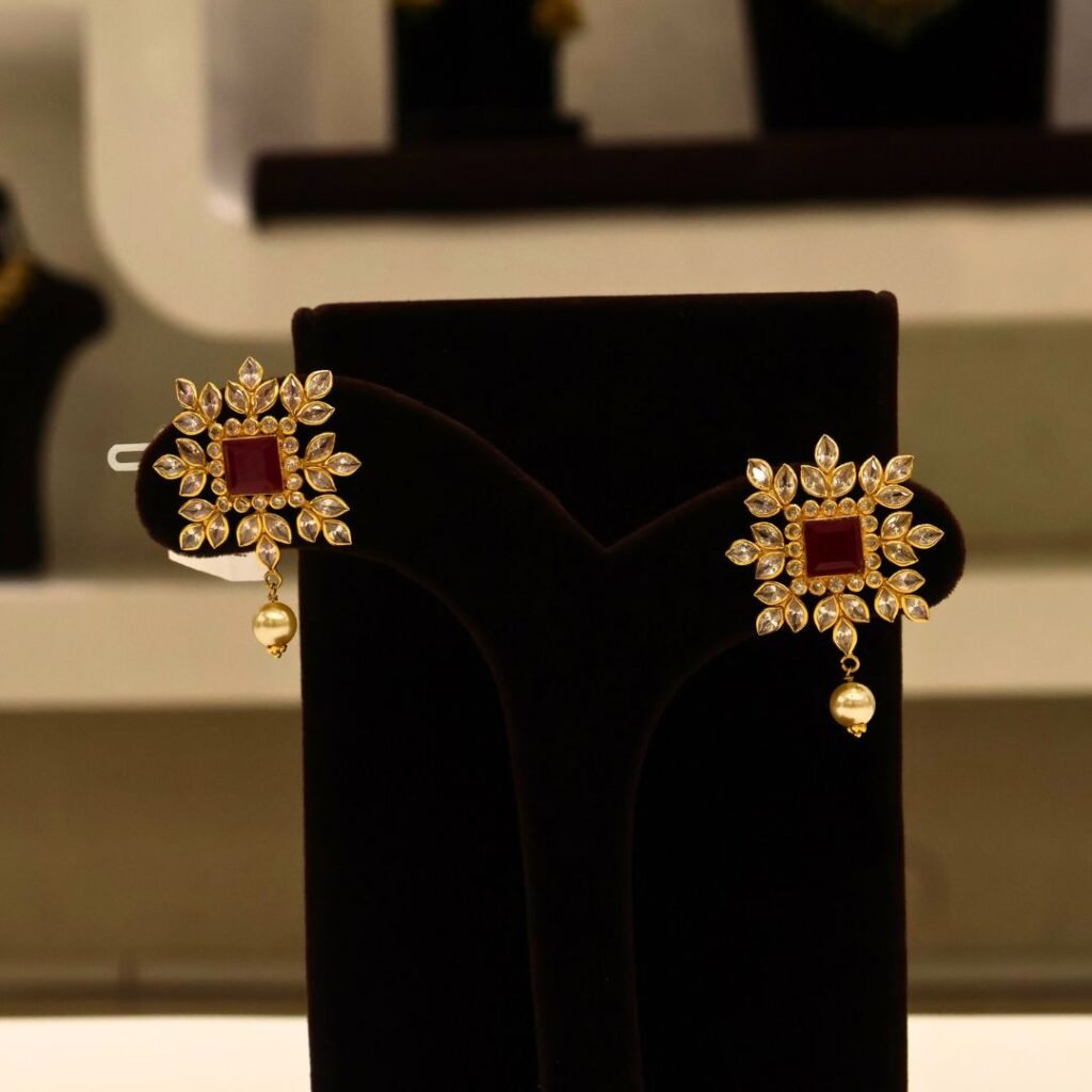 22KT Gold Stone Work Earrings (HUID Hallmarked) – Elegant Traditional Collection (6.02g Gold)
