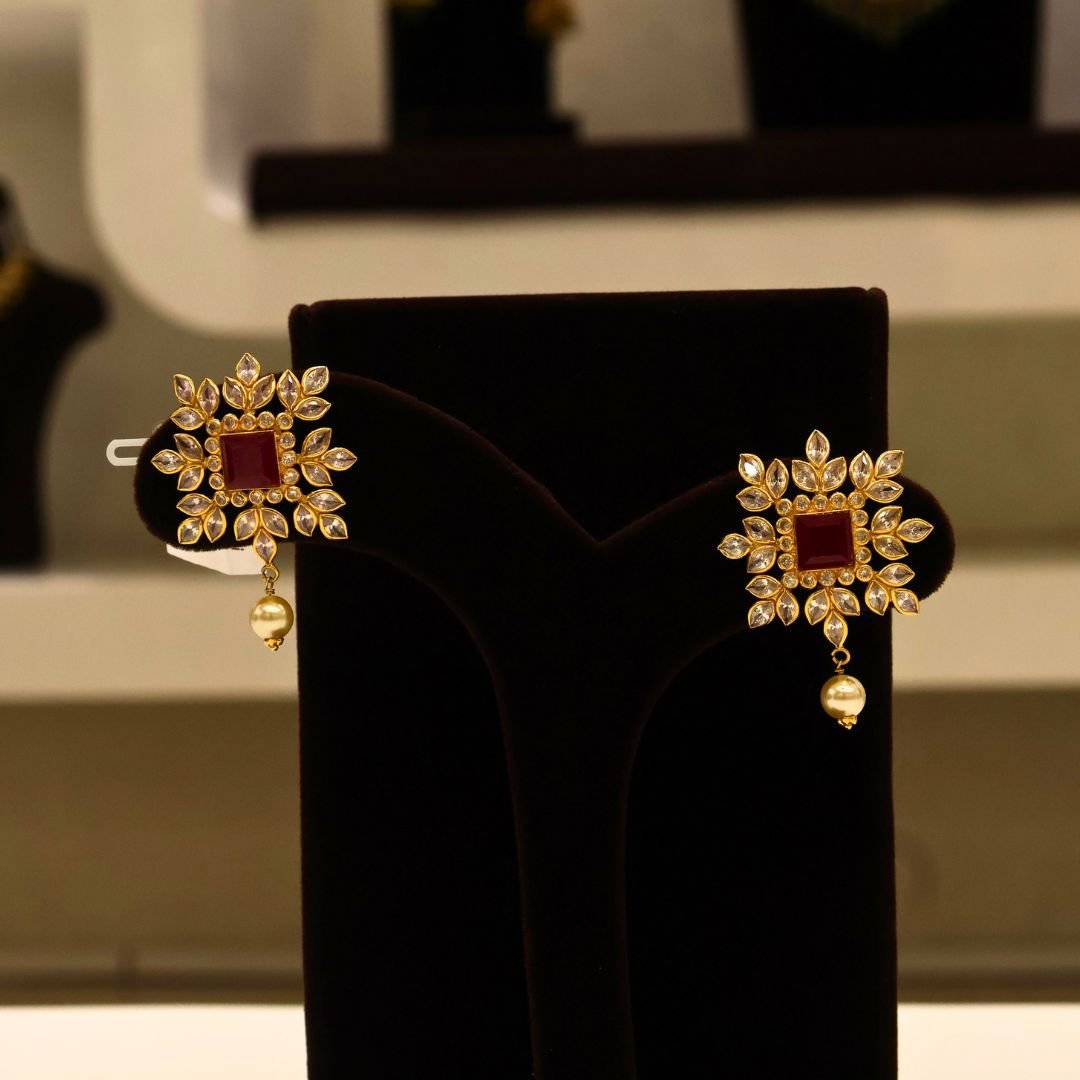22KT Gold Stone Work Earrings (HUID Hallmarked) – Elegant Traditional Collection (6.02g Gold)