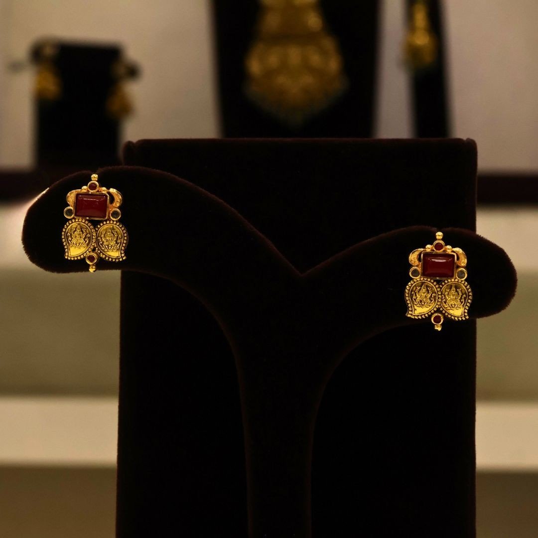 22KT Gold Antique Mango Shape Lakshmi Earrings (HUID Hallmarked) – Traditional Temple Collection (4.99g)