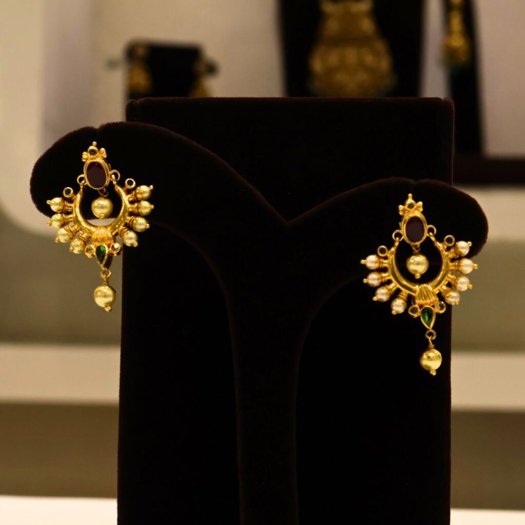 22KT Gold Pearl & Multi-Stone Earrings (HUID Hallmarked) – Elegant Traditional Collection (9.79g)