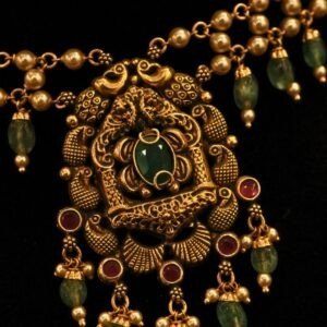 22KT Gold Antique Necklace with Green Beads & Pearl Work (HUID Hallmarked) – Elegant Traditional Collection (12.85g Gold)