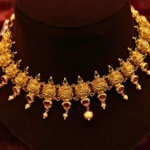 22KT Gold Antique Multi-Stone Necklace (HUID Hallmarked) – Elegant Traditional Collection (33.40g)