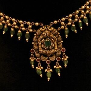 22KT Gold Antique Necklace with Green Beads & Pearl Work (HUID Hallmarked) – Elegant Traditional Collection (12.85g Gold)