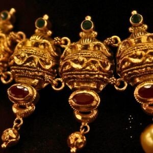 22KT Gold Antique Multi-Stone Necklace (HUID Hallmarked) – Elegant Traditional Collection (33.40g)