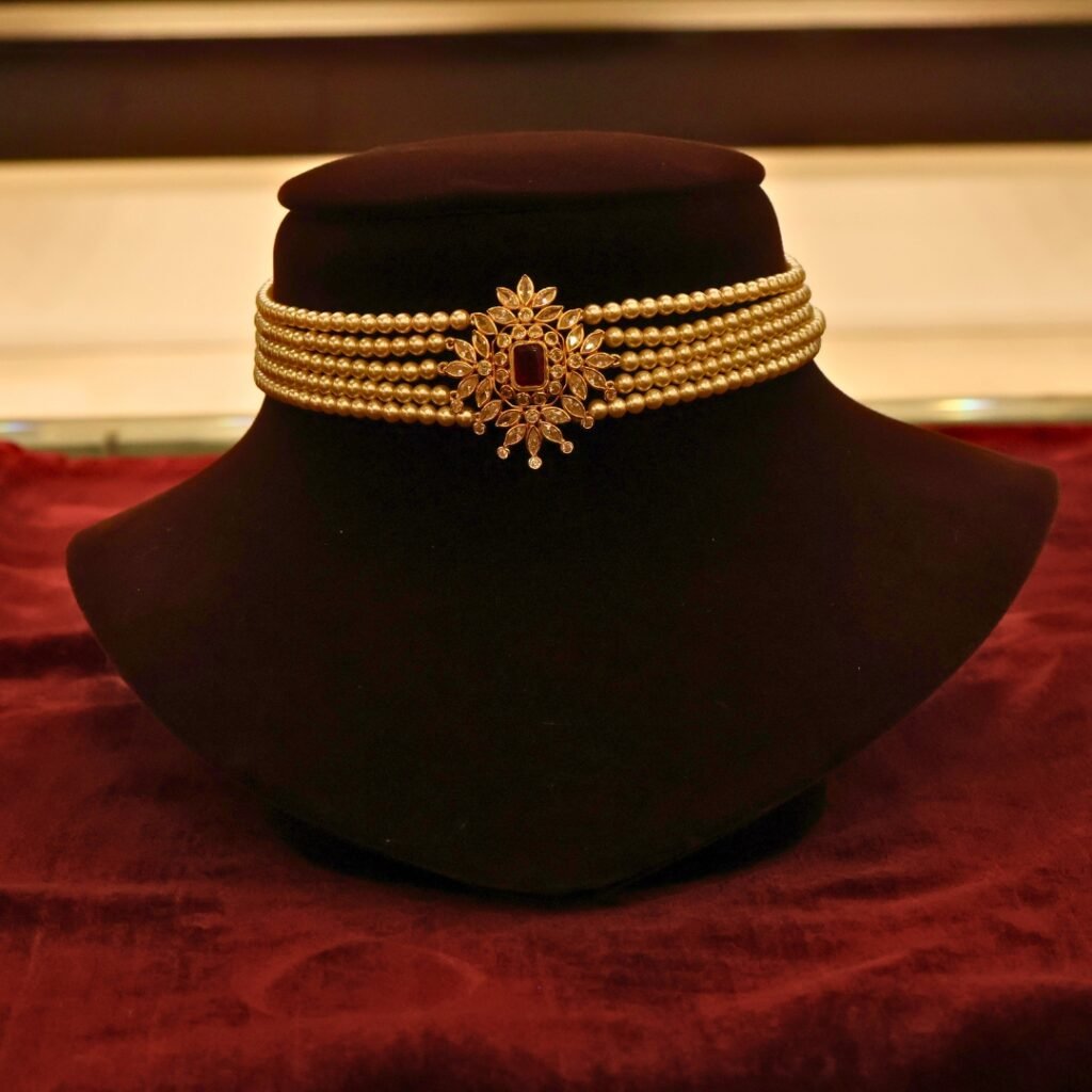 22KT Gold Pearl Choker Necklace (HUID Hallmarked) – Lightweight Elegant Collection (3.14g Gold)